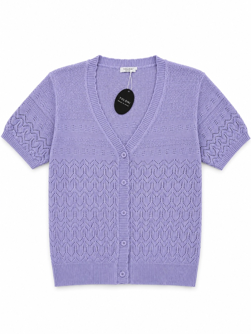 Yekaty Pointelle Knit Button Cardigan Sweater Short Sleeve Top Lavender XL
